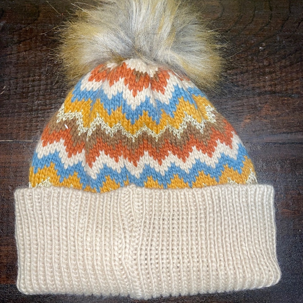 Zara Kids Knit Winter Cuffed Pom Pom Chevron Beige‎ Beanie Hat